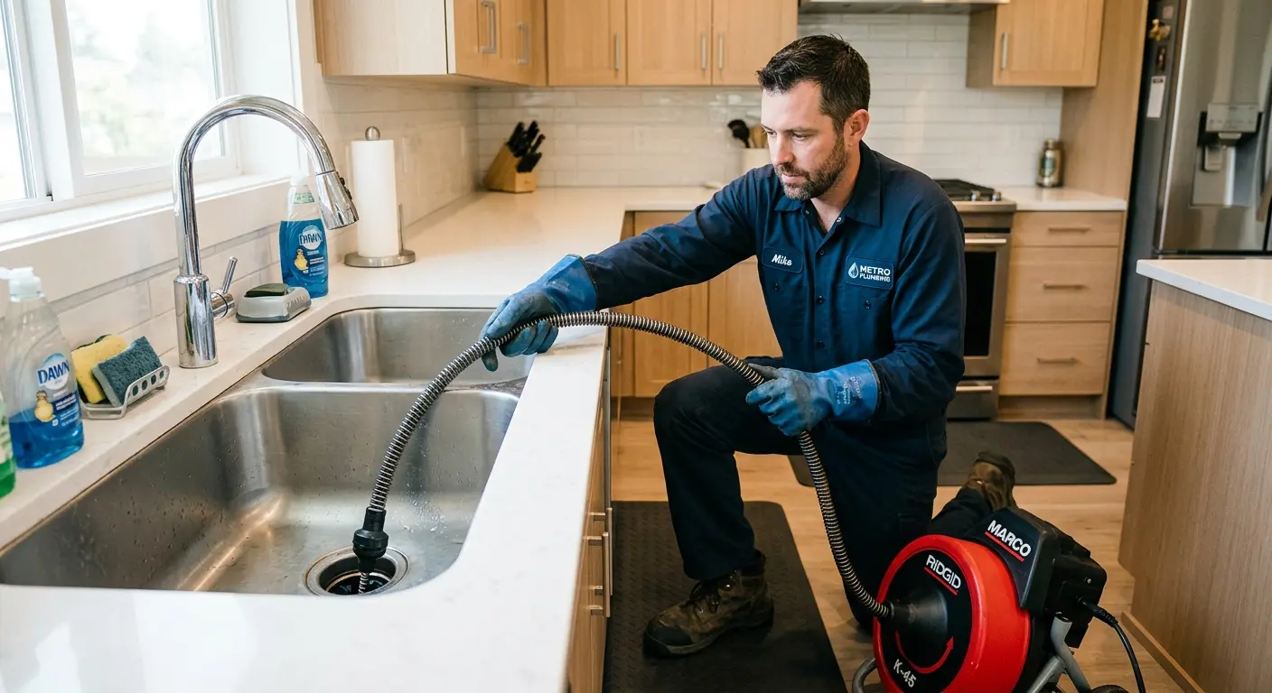 Drain cleaning technician using a motorized snake on a kitchen sink in Eldorado at Santa Fe
