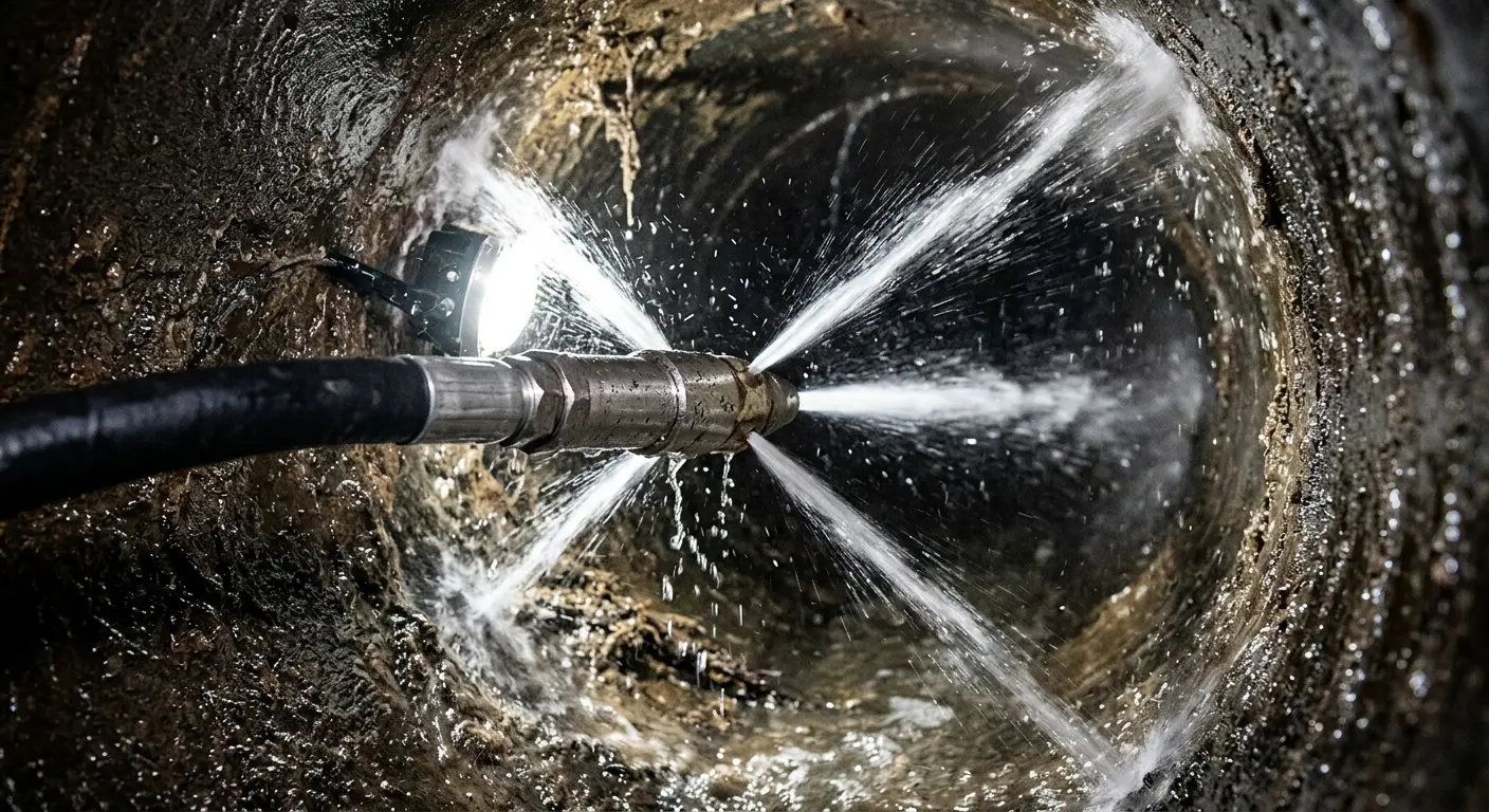 High-pressure hydro jetting nozzle cleaning sewer pipe for Trenchless Sewer Repair in Eldorado at Santa Fe