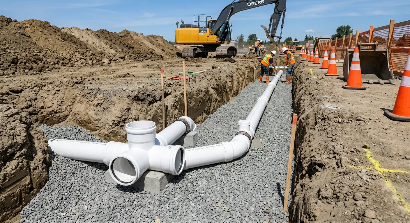 New PVC sewer pipe installation in open trench for Sewer Backup in Eldorado at Santa Fe