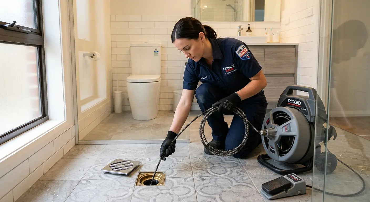 Technician clearing a bathroom floor drain for Sewer Line Replacement in Eldorado at Santa Fe